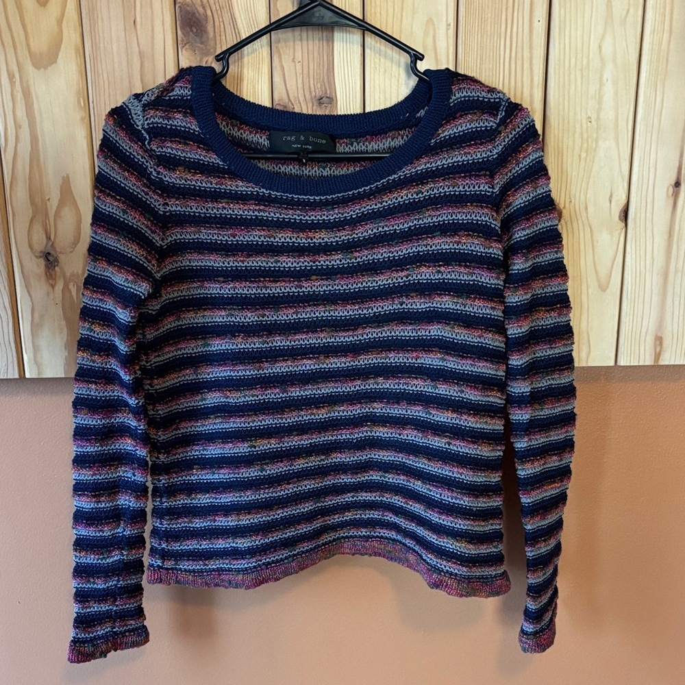 rag & bone Blue and Pink Striped Crew Neck Sweater